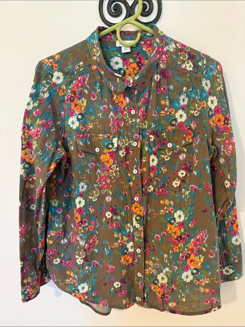 Sundance Olive Floral Button-Down Shirt with Pink, Orange & Teal Accents